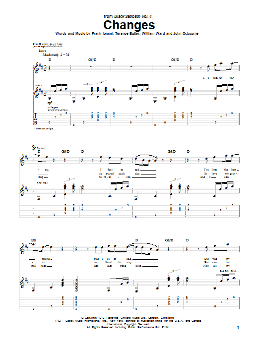 Black Sabbath Changes sheet music notes and chords arranged for Guitar Tab