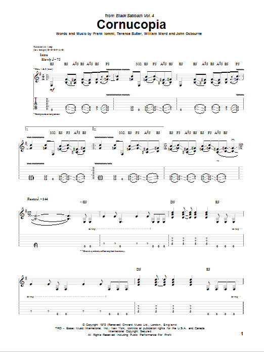 Black Sabbath Cornucopia sheet music notes and chords arranged for Guitar Tab