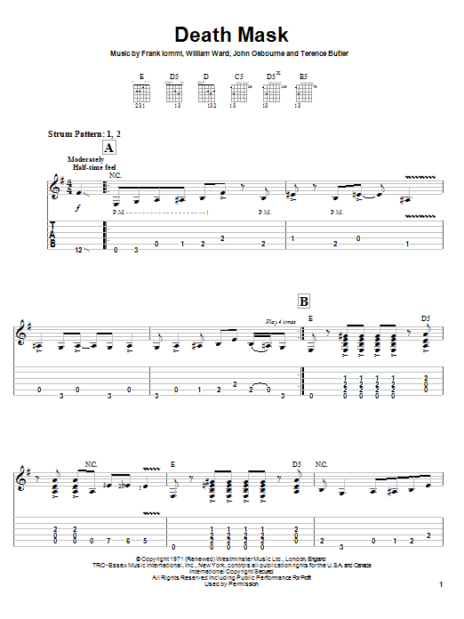 Black Sabbath Death Mask sheet music notes and chords arranged for Easy Guitar Tab