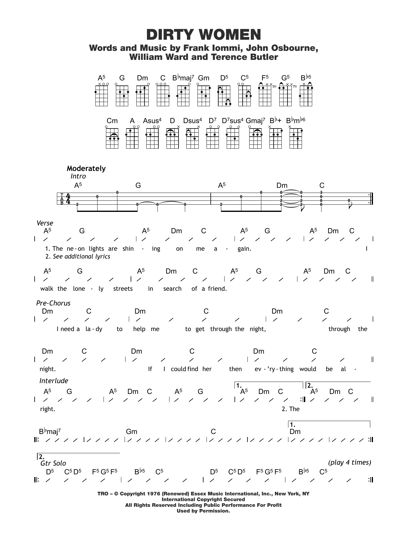 Black Sabbath Dirty Women sheet music notes and chords arranged for Ukulele Chords/Lyrics
