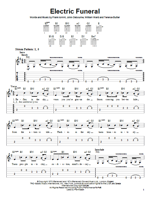 Black Sabbath Electric Funeral sheet music notes and chords arranged for Guitar Tab