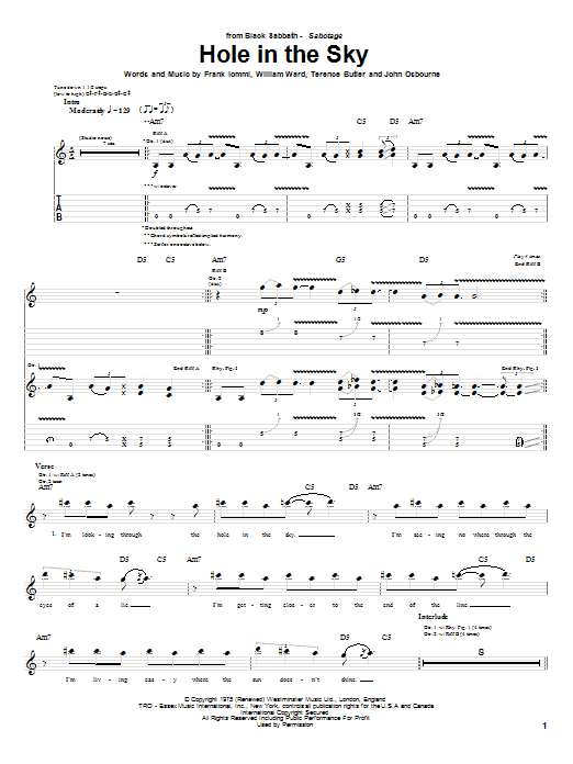 Black Sabbath Hole In The Sky sheet music notes and chords arranged for Guitar Tab