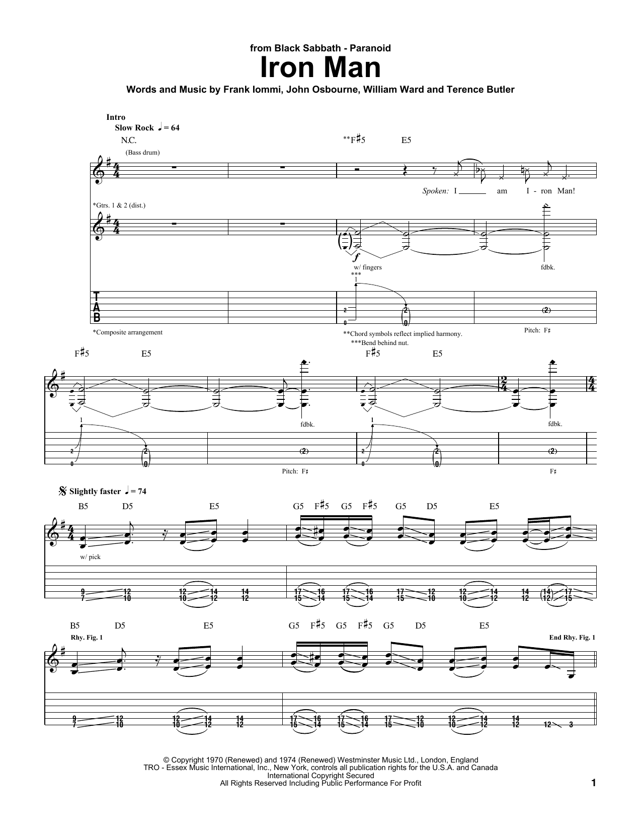 Black Sabbath Iron Man sheet music notes and chords arranged for Guitar Chords/Lyrics