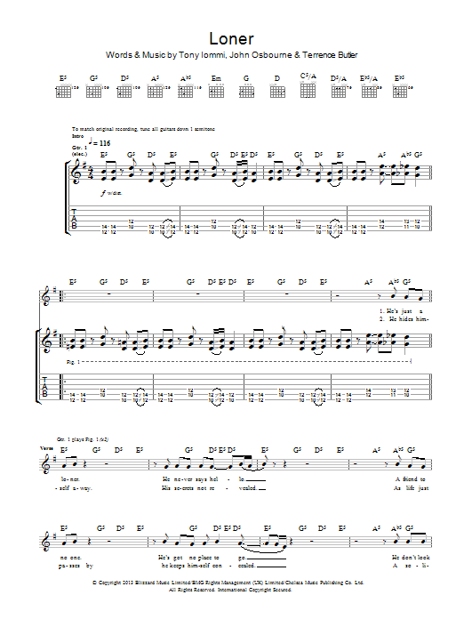 Black Sabbath Loner sheet music notes and chords arranged for Guitar Tab