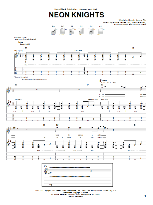 Black Sabbath Neon Knights sheet music notes and chords arranged for Guitar Tab