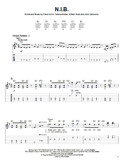 Black Sabbath N.I.B. sheet music notes and chords arranged for Ukulele Chords/Lyrics