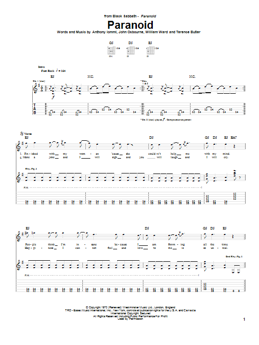Black Sabbath Paranoid sheet music notes and chords arranged for Guitar Chords/Lyrics