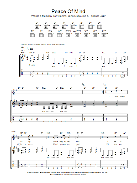 Black Sabbath Peace Of Mind sheet music notes and chords arranged for Guitar Tab