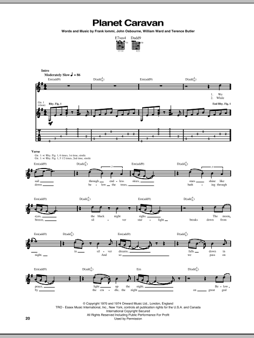 Black Sabbath Planet Caravan sheet music notes and chords arranged for Guitar Tab