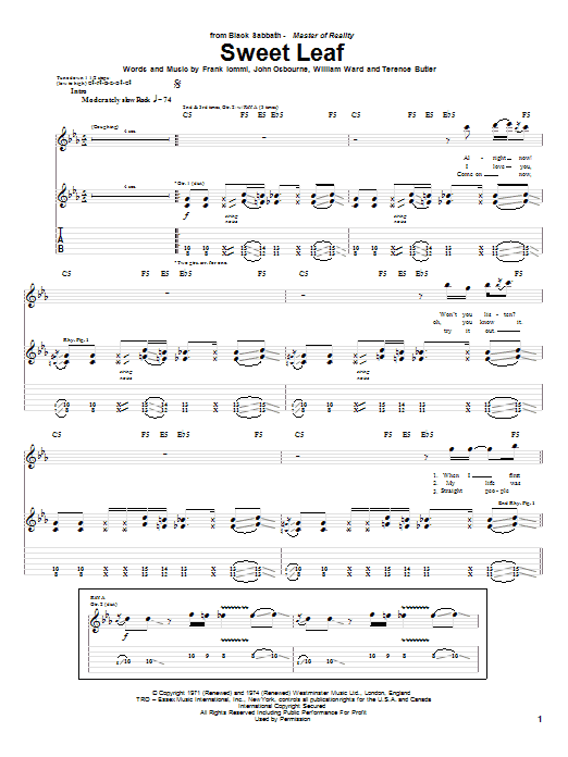 Black Sabbath Sweet Leaf sheet music notes and chords arranged for Guitar Chords/Lyrics