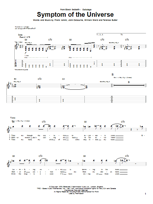 Black Sabbath Symptom Of The Universe sheet music notes and chords arranged for Guitar Tab