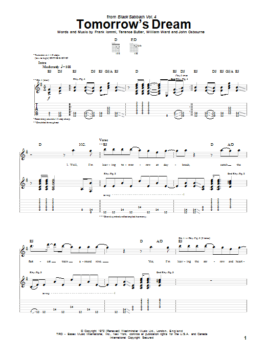 Black Sabbath Tomorrow's Dream sheet music notes and chords arranged for Guitar Tab