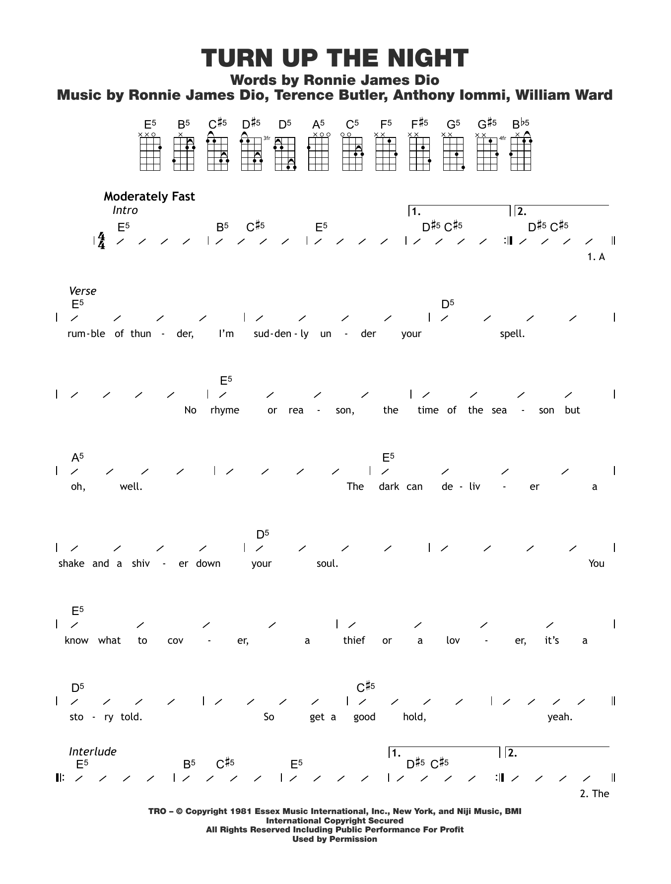 Black Sabbath Turn Up The Night sheet music notes and chords arranged for Ukulele Chords/Lyrics