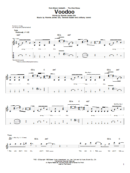 Black Sabbath Voodoo sheet music notes and chords arranged for Guitar Tab
