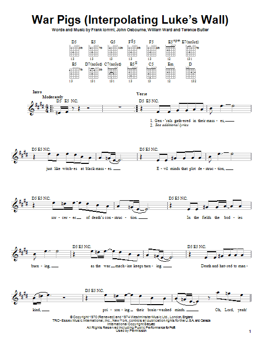 Black Sabbath War Pigs (Interpolating Luke's Wall) sheet music notes and chords arranged for Easy Guitar