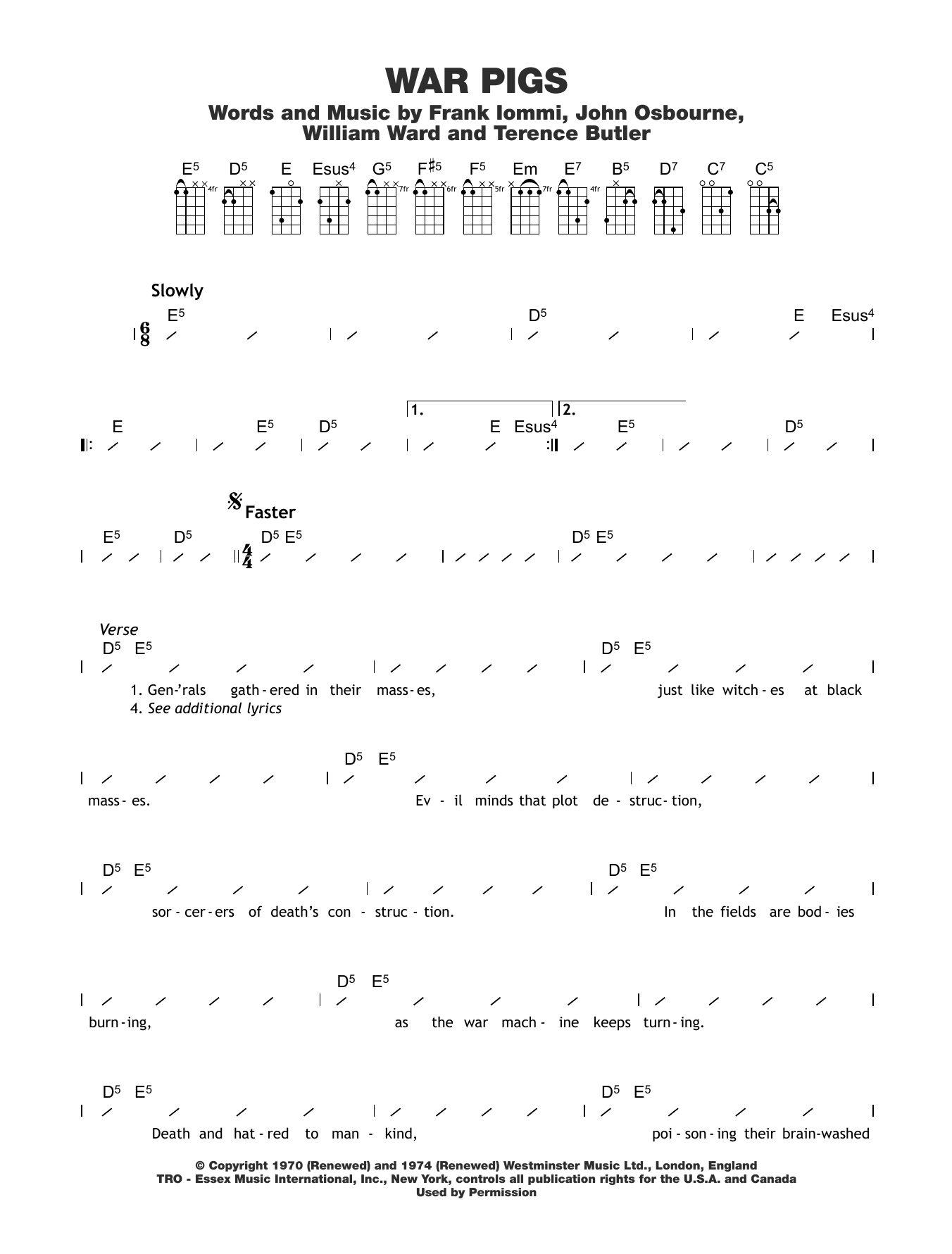 Black Sabbath War Pigs sheet music notes and chords arranged for Ukulele Chords/Lyrics