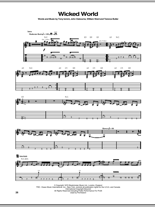 Black Sabbath Wicked World sheet music notes and chords arranged for Guitar Tab