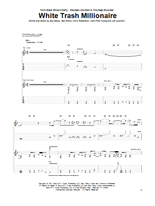 Black Stone Cherry White Trash Millionaire sheet music notes and chords arranged for Guitar Tab