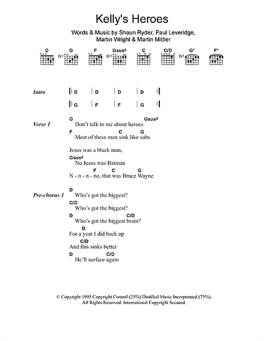 Black Grape Kelly's Heroes sheet music notes and chords arranged for Guitar Chords/Lyrics