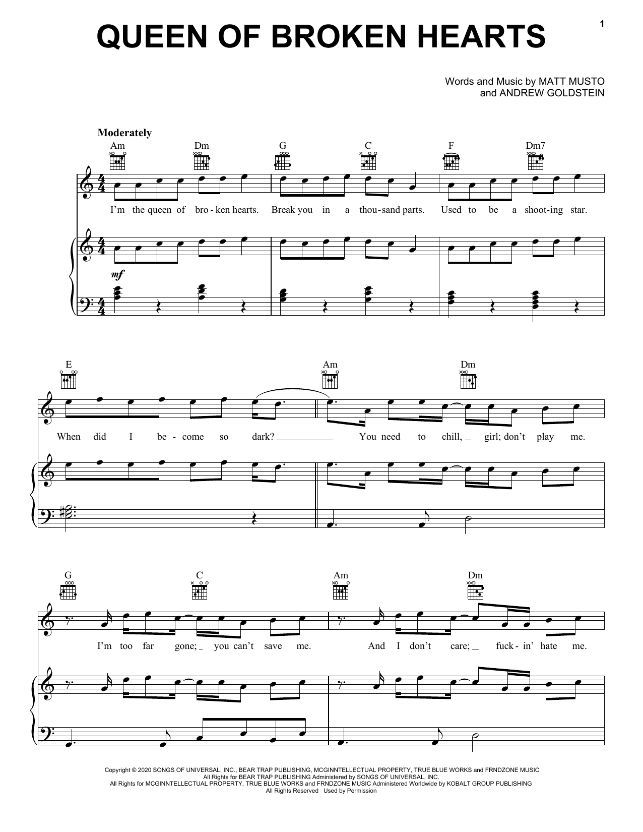 blackbear queen of broken hearts sheet music notes and chords arranged for Piano, Vocal & Guitar Chords (Right-Hand Melody)