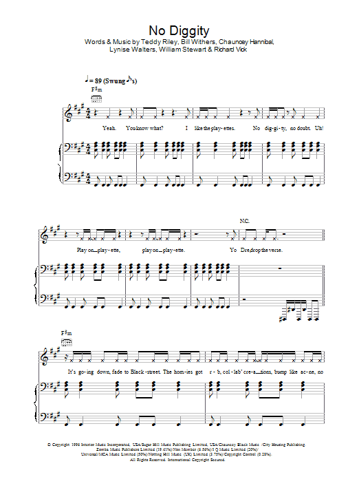 Blackstreet No Diggity sheet music notes and chords arranged for Piano, Vocal & Guitar Chords (Right-Hand Melody)