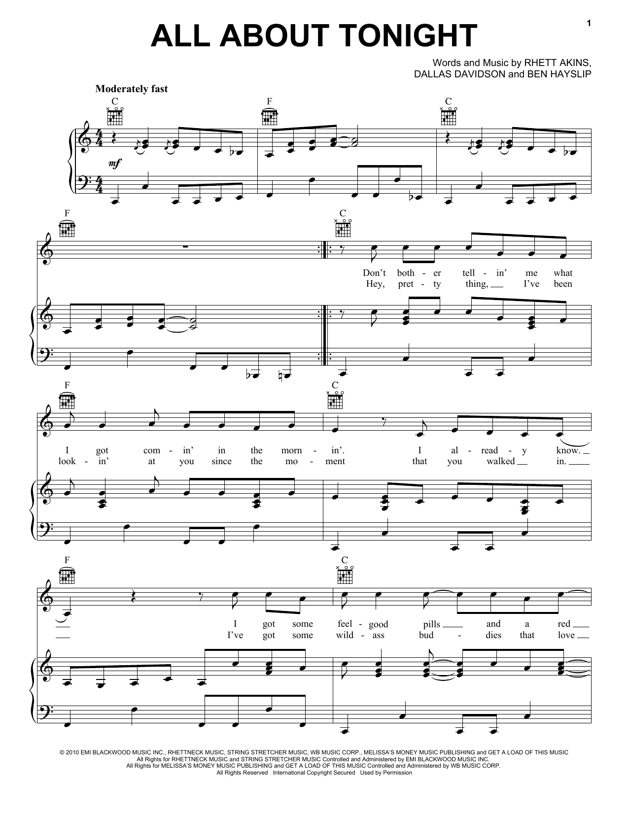 Blake Shelton All About Tonight sheet music notes and chords arranged for Piano, Vocal & Guitar Chords (Right-Hand Melody)