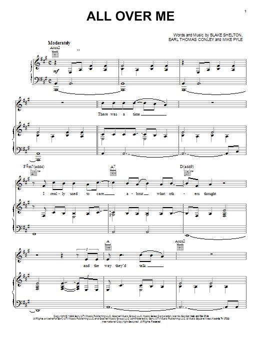 Blake Shelton All Over Me sheet music notes and chords arranged for Piano, Vocal & Guitar Chords (Right-Hand Melody)