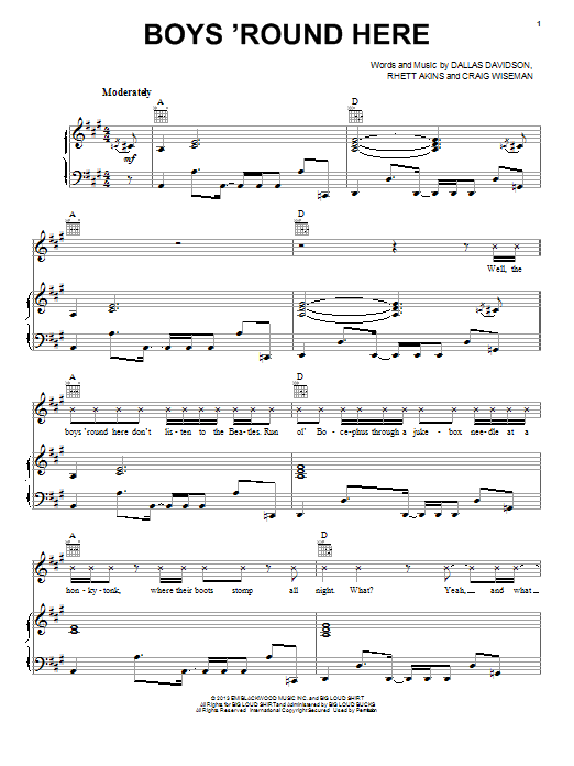 Blake Shelton Boys 'Round Here sheet music notes and chords arranged for Piano, Vocal & Guitar Chords (Right-Hand Melody)