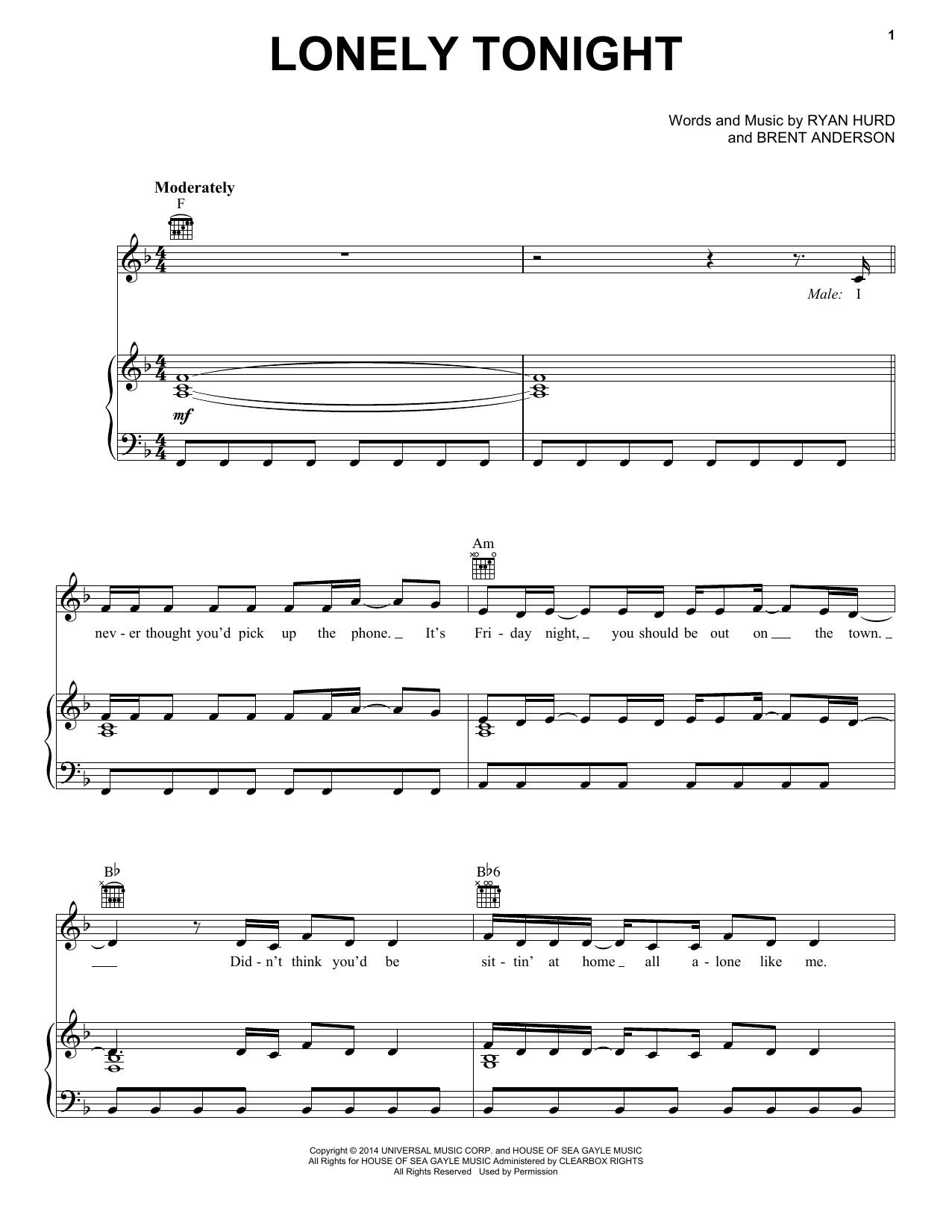 Blake Shelton feat. Ashley Monroe Lonely Tonight sheet music notes and chords arranged for Piano, Vocal & Guitar Chords (Right-Hand Melody)
