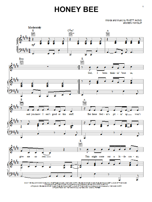 Blake Shelton Honey Bee sheet music notes and chords arranged for Piano, Vocal & Guitar Chords (Right-Hand Melody)