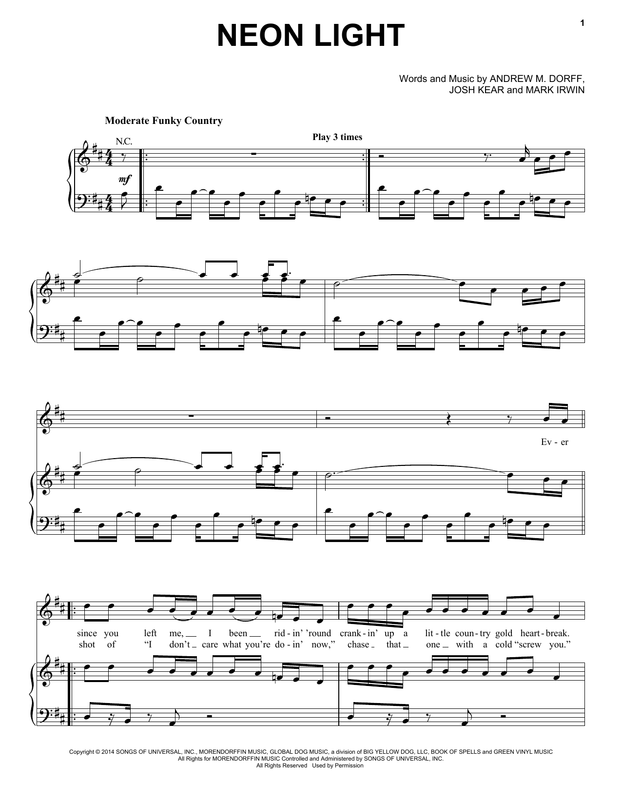 Blake Shelton Neon Light sheet music notes and chords arranged for Piano, Vocal & Guitar Chords (Right-Hand Melody)