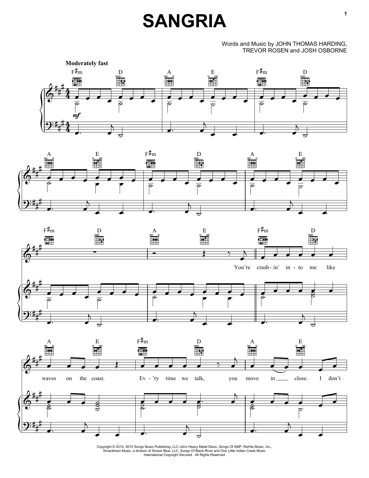 Blake Shelton Sangria sheet music notes and chords arranged for Piano, Vocal & Guitar Chords (Right-Hand Melody)