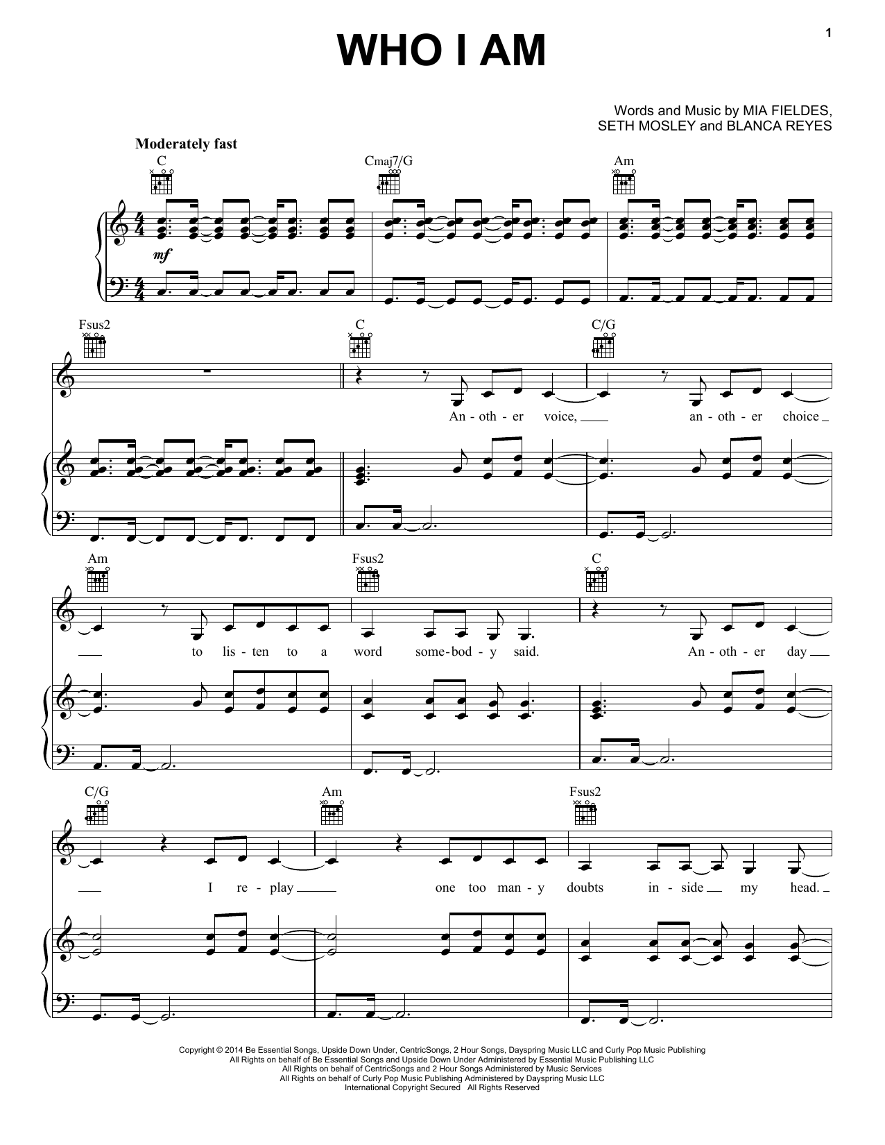 Blanca Who I Am sheet music notes and chords arranged for Piano, Vocal & Guitar Chords (Right-Hand Melody)
