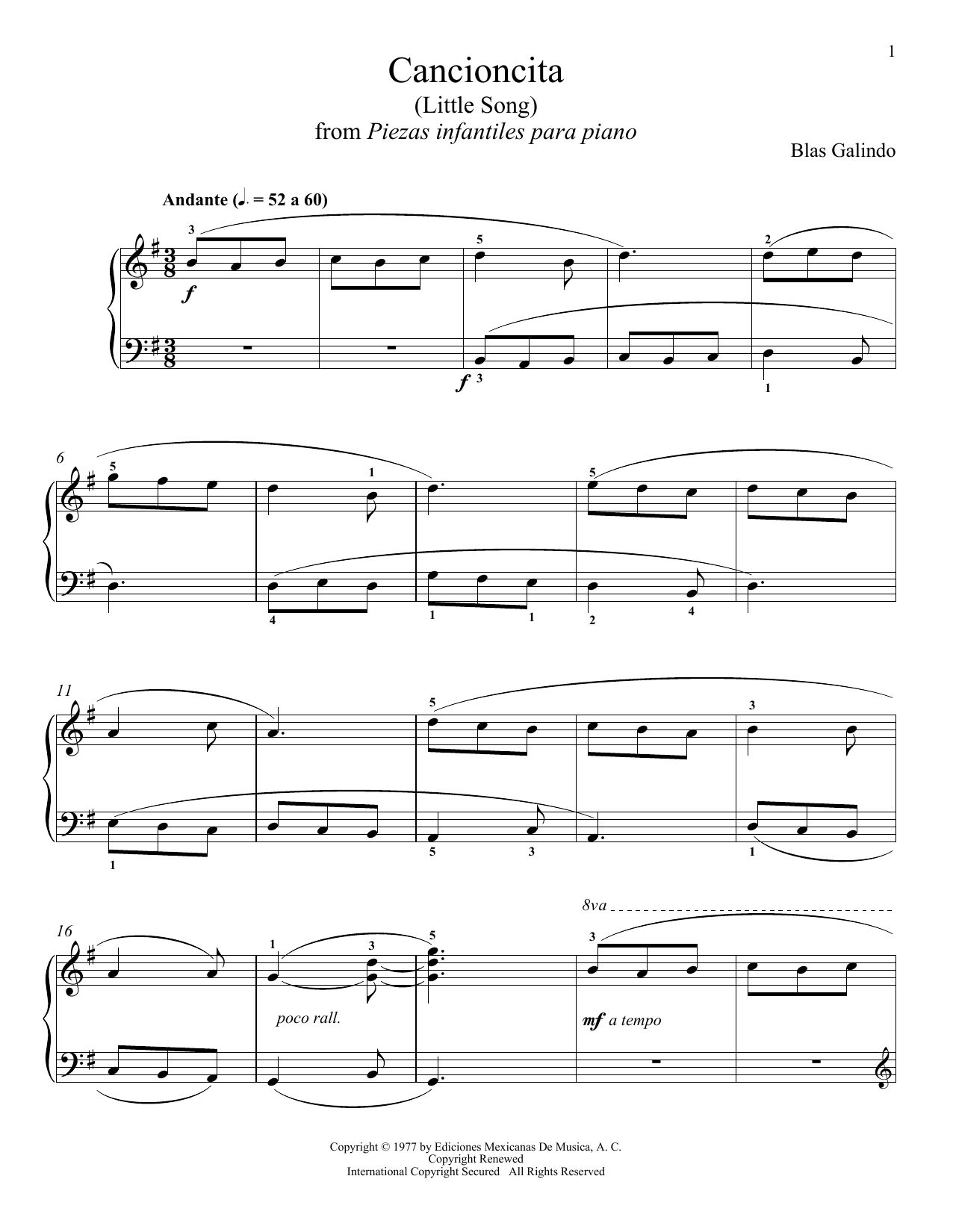 Blas Galindo Cancioncita sheet music notes and chords arranged for Piano Solo
