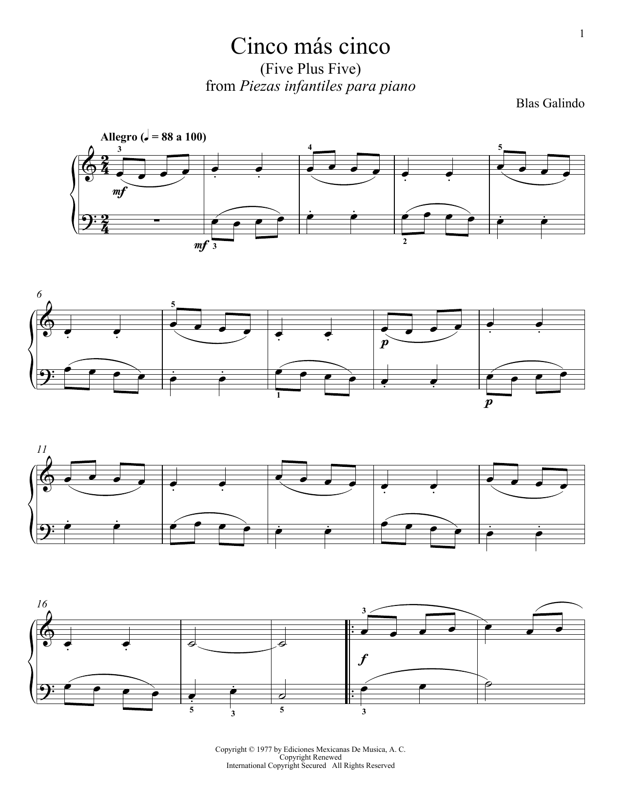Blas Galindo Cinco Mas Cinco sheet music notes and chords arranged for Piano Solo