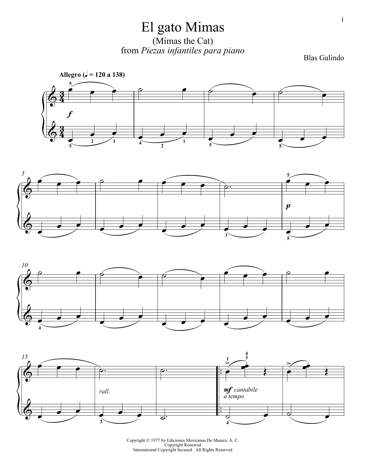 Blas Galindo El Gato Mimas sheet music notes and chords arranged for Piano Solo