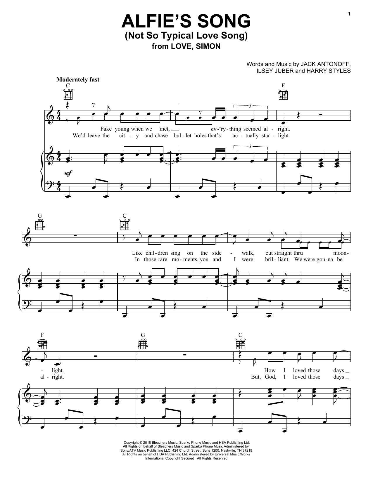 Bleachers Alfie's Song (Not So Typical Love Song) (from Love, Simon) sheet music notes and chords arranged for Piano, Vocal & Guitar Chords (Right-Hand Melody)