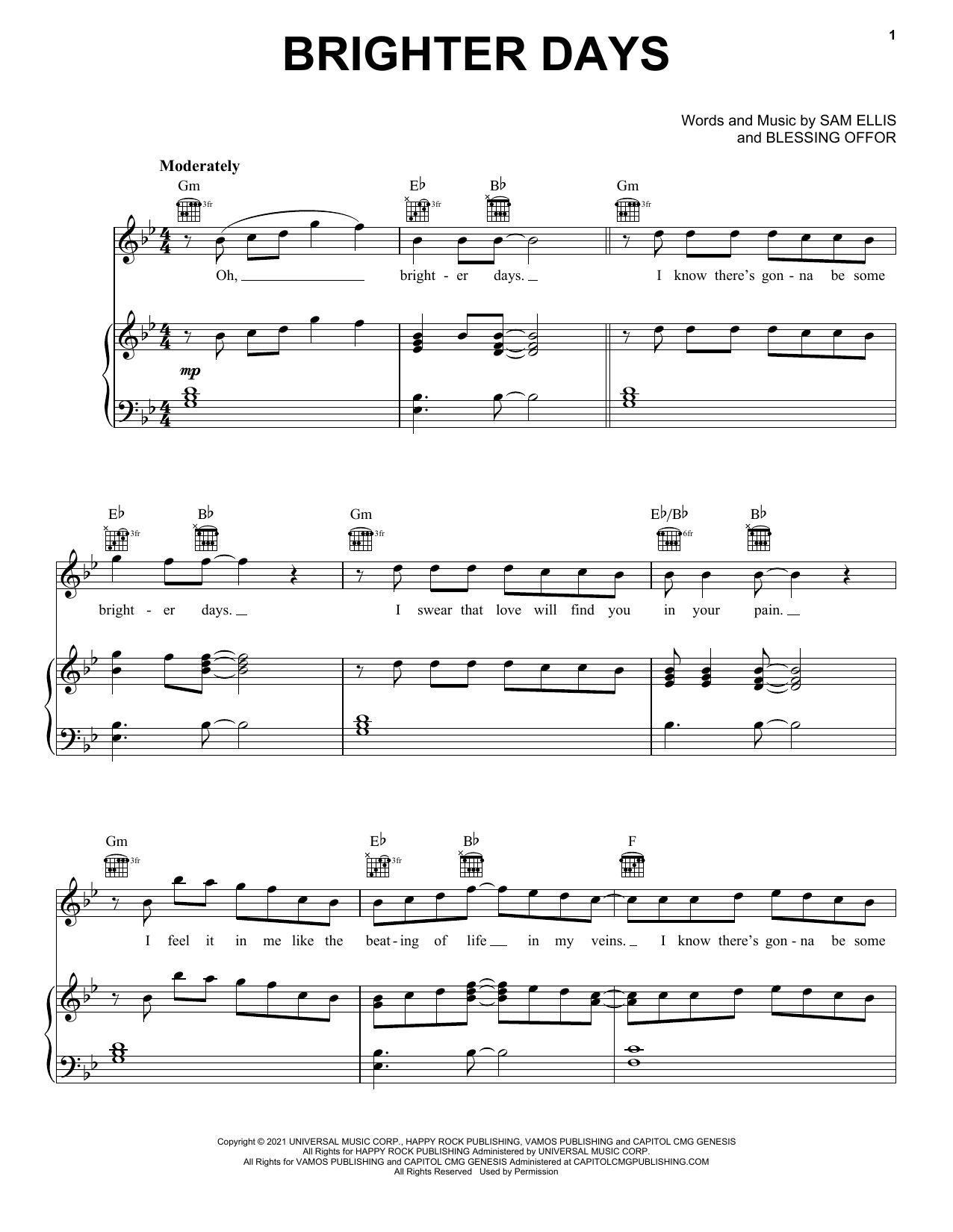 Blessing Offor Brighter Days sheet music notes and chords arranged for Piano, Vocal & Guitar Chords (Right-Hand Melody)