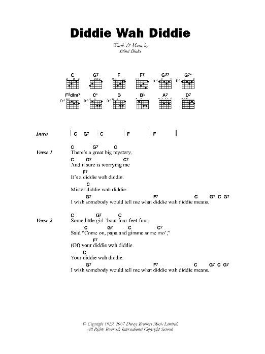 Blind Blake Diddie Wah Diddie sheet music notes and chords arranged for Guitar Chords/Lyrics