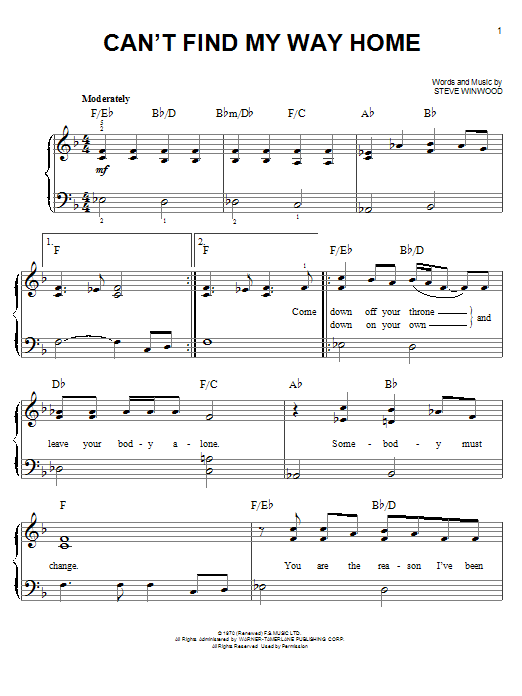 Blind Faith Can't Find My Way Home sheet music notes and chords arranged for Really Easy Guitar