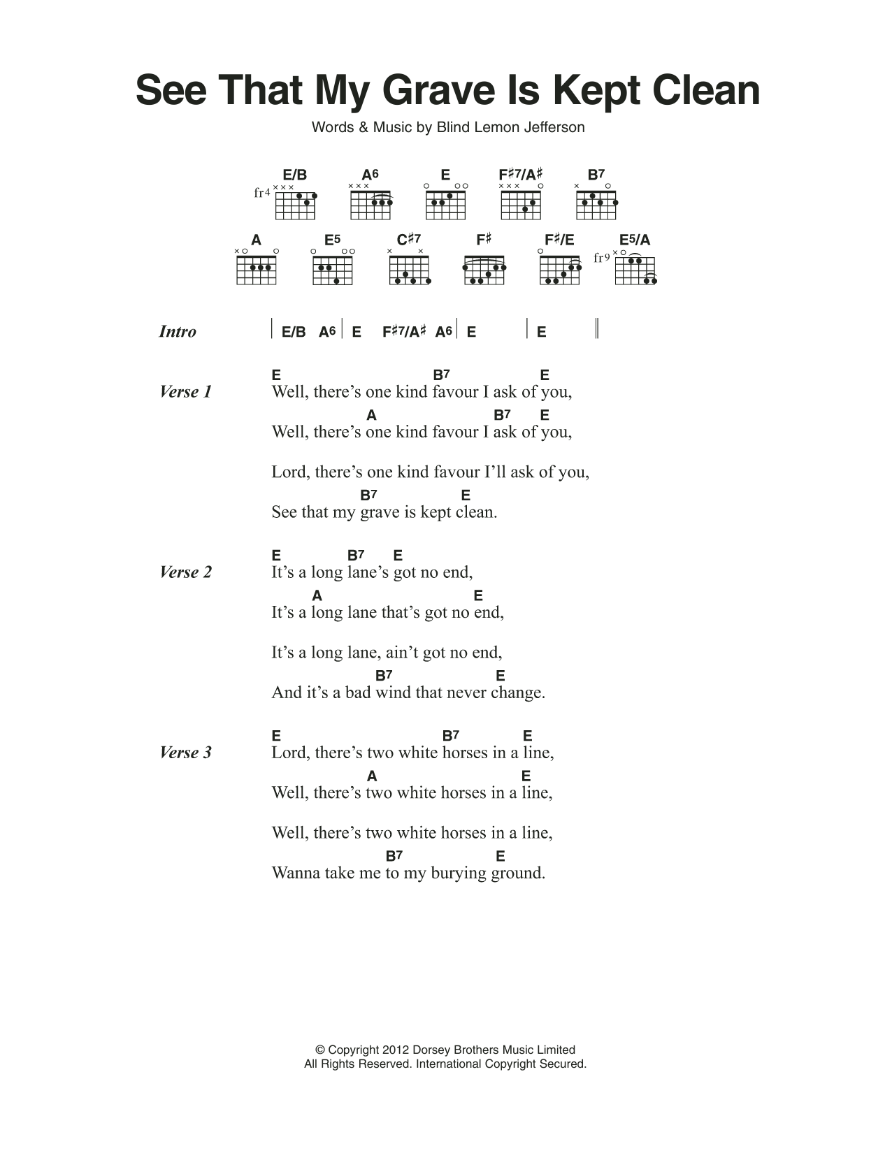 Blind Lemon Jefferson See That My Grave Is Kept Clean sheet music notes and chords arranged for Guitar Chords/Lyrics