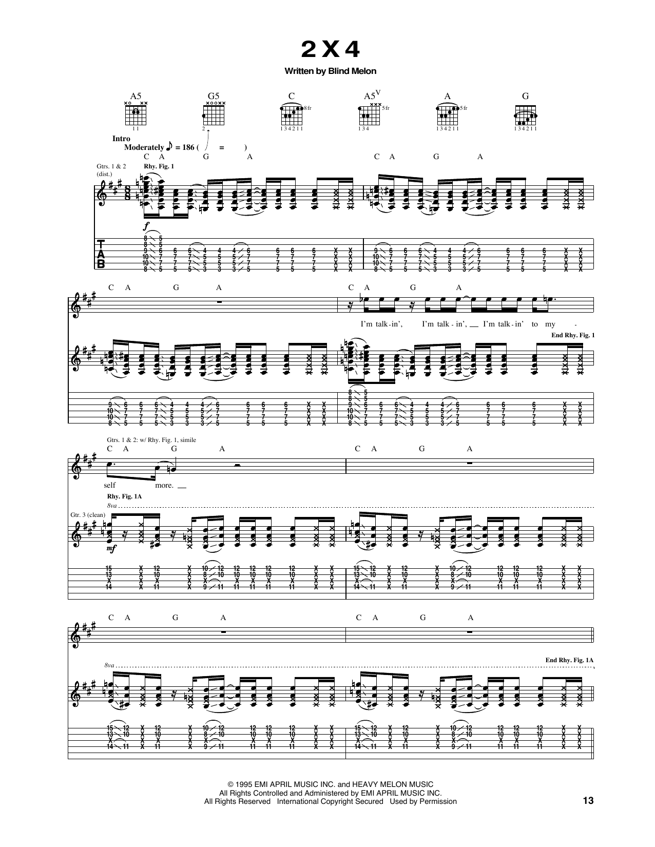Blind Melon 2 X 4 sheet music notes and chords arranged for Guitar Tab