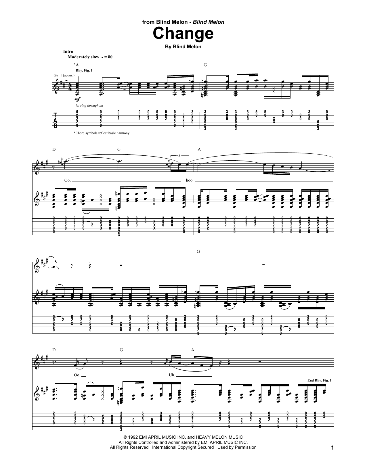 Blind Melon Change sheet music notes and chords arranged for Guitar Tab
