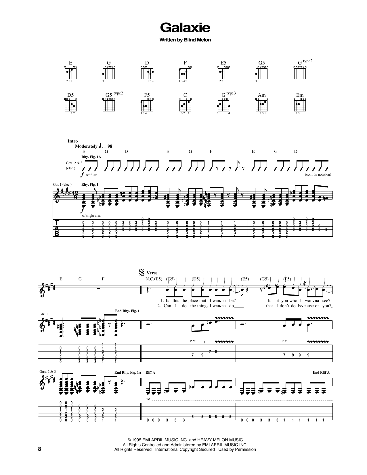Blind Melon Galaxie sheet music notes and chords arranged for Guitar Tab