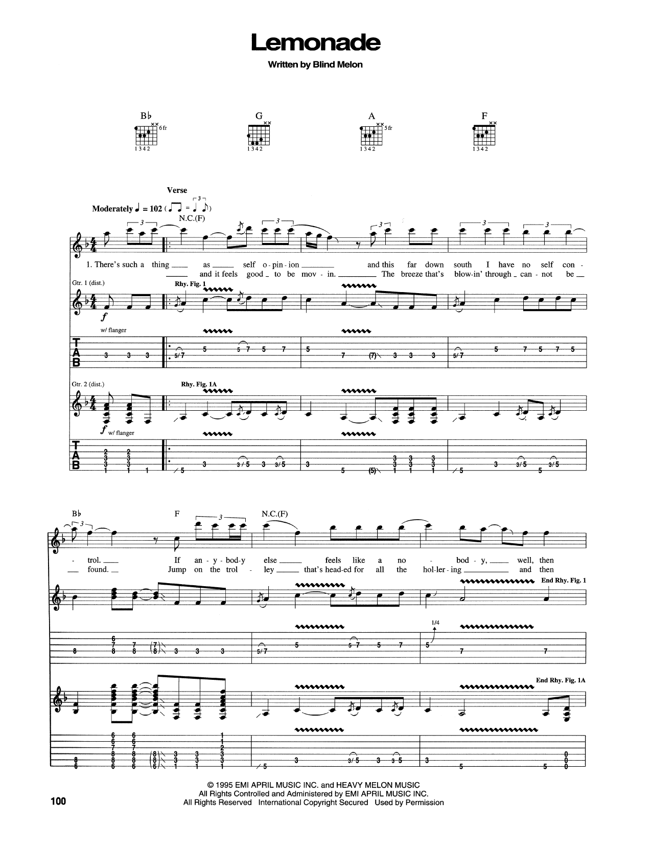 Blind Melon Lemonade sheet music notes and chords arranged for Guitar Tab