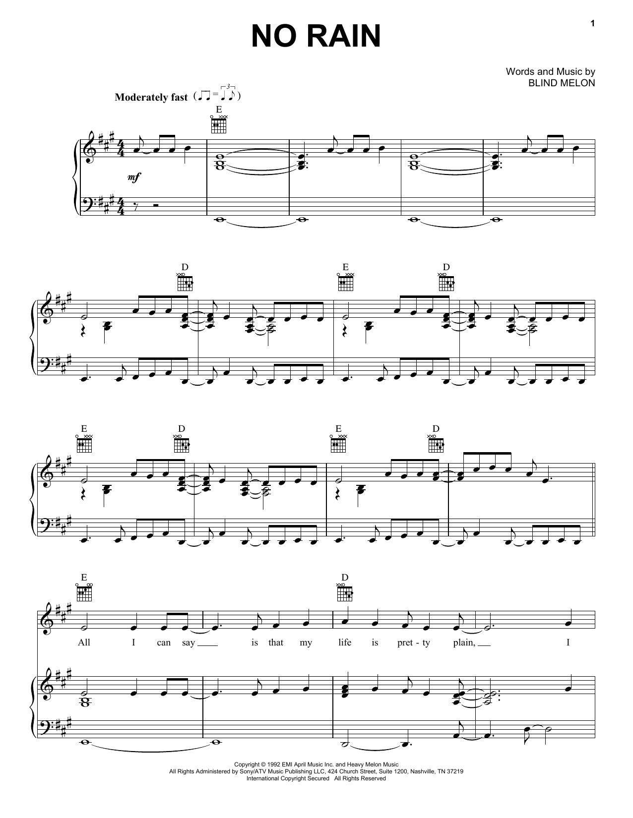 Blind Melon No Rain sheet music notes and chords arranged for Piano, Vocal & Guitar Chords (Right-Hand Melody)