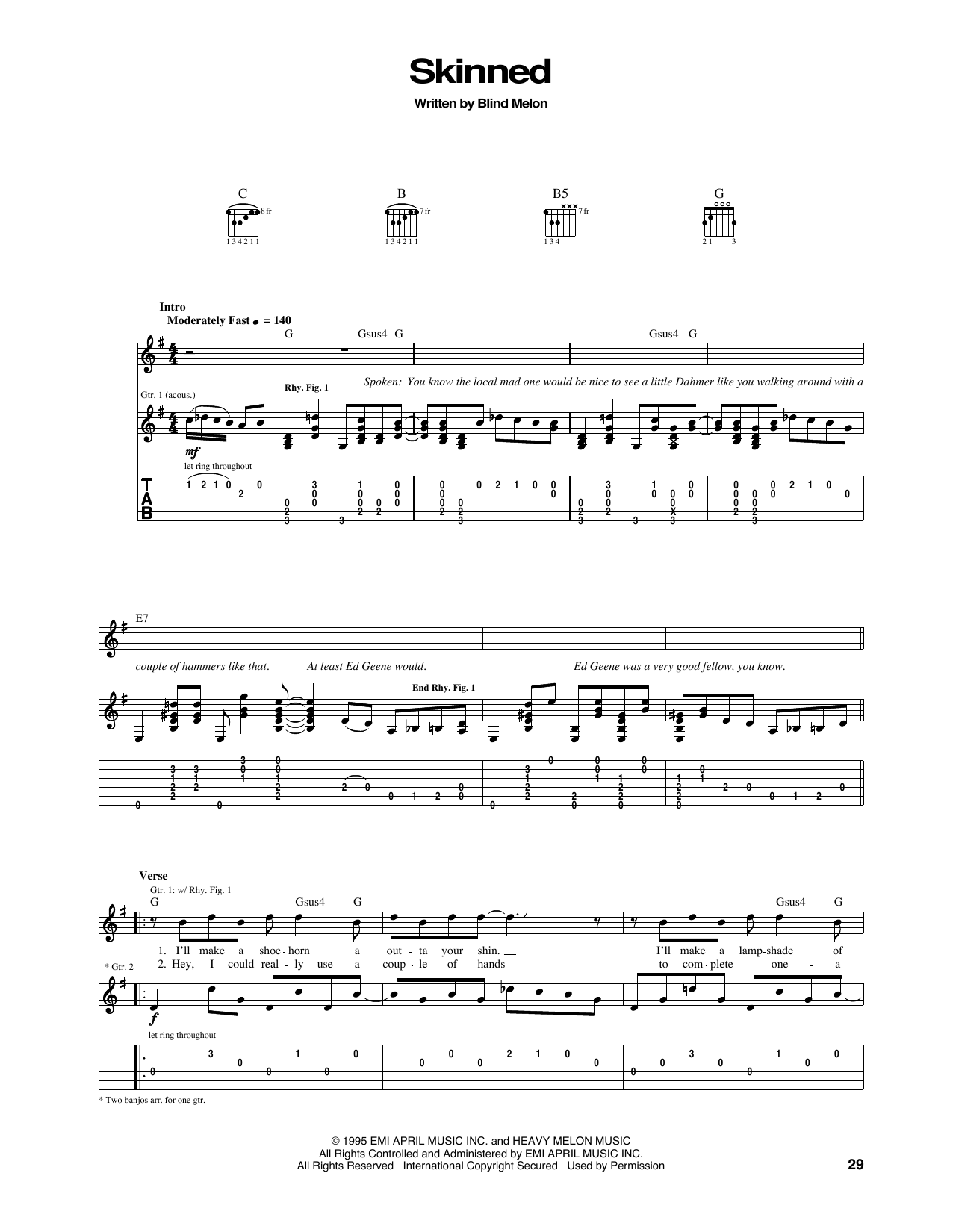 Blind Melon Skinned sheet music notes and chords arranged for Guitar Tab