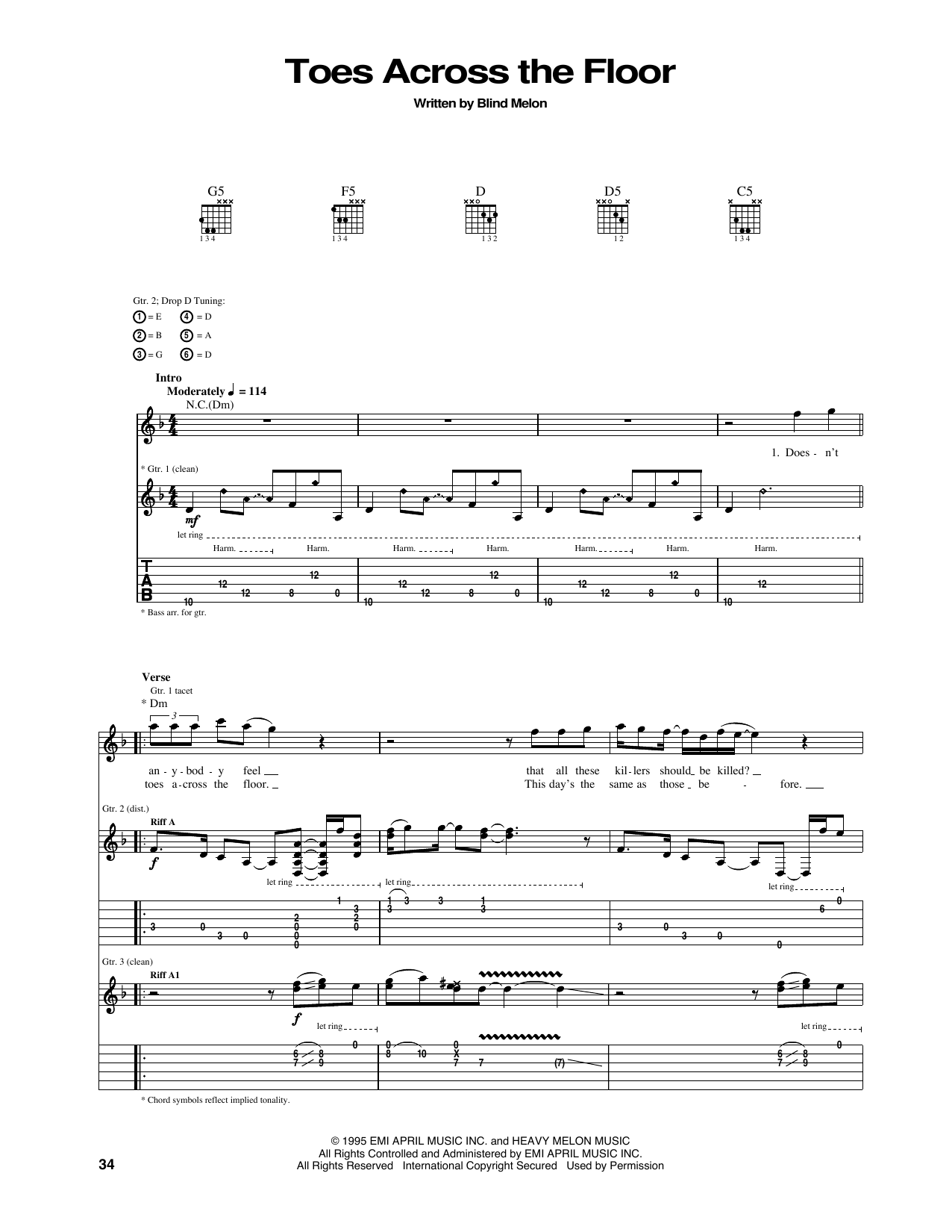 Blind Melon Toes Across The Floor sheet music notes and chords arranged for Guitar Tab