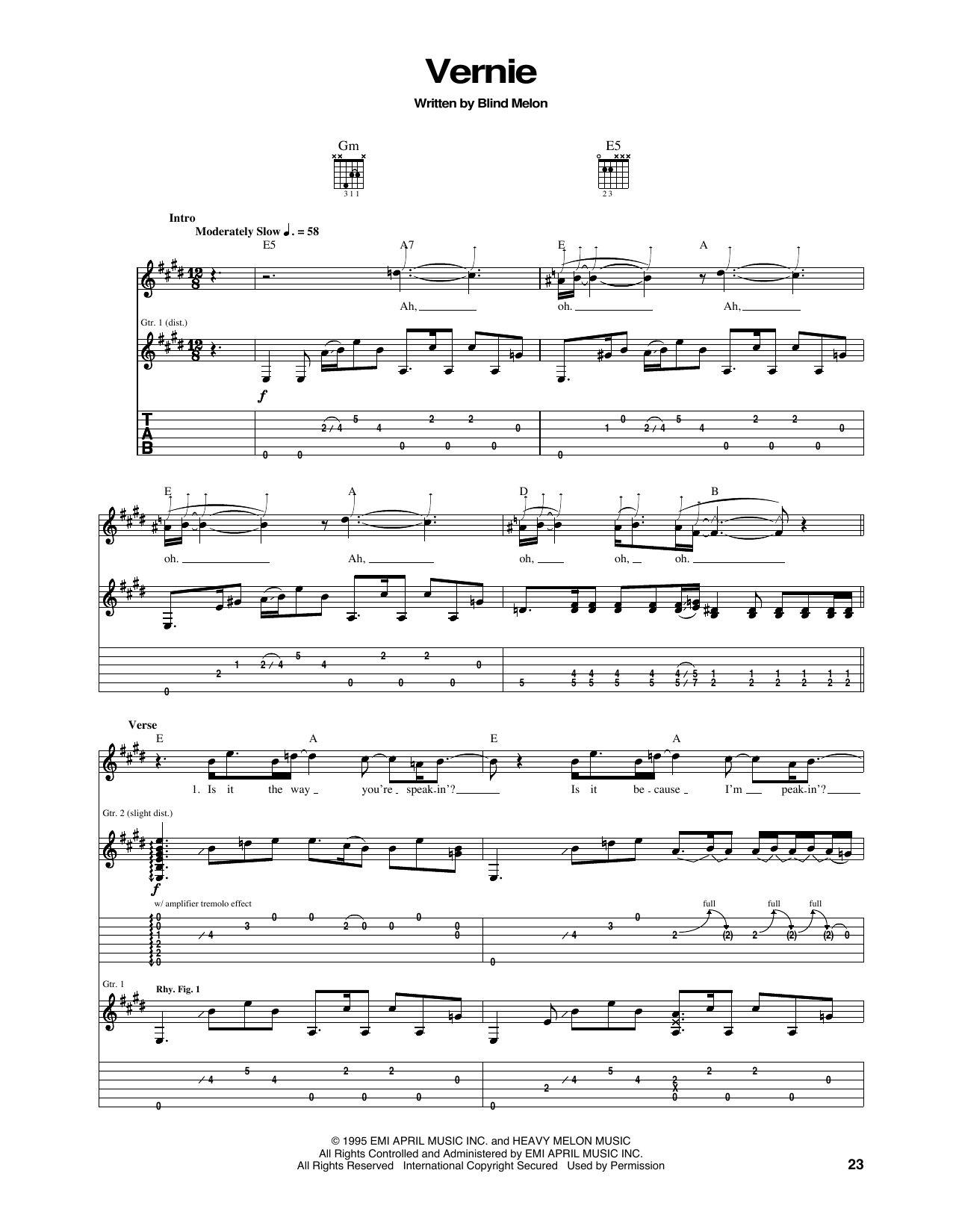 Blind Melon Vernie sheet music notes and chords arranged for Guitar Tab