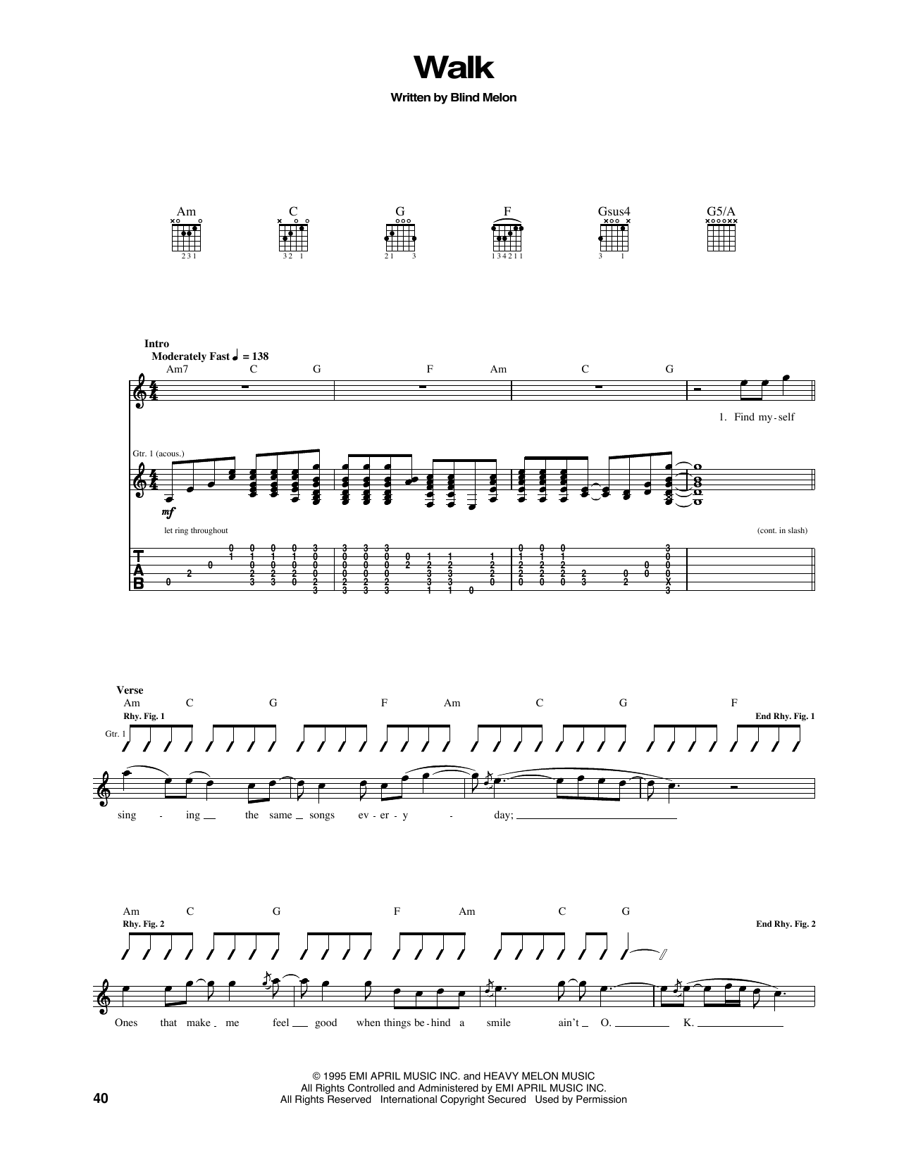Blind Melon Walk sheet music notes and chords arranged for Guitar Tab
